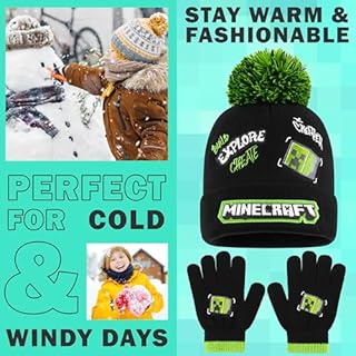 Minecraft Bonnet Garçon Ado Ensemble Vêtement Accessoires d'Hiver 3 Pièces avec Écharpe et Gants ou 2 Pièces Bonnet Gants (6-14 Ans, Vert Graffiti, 2 Pcs)