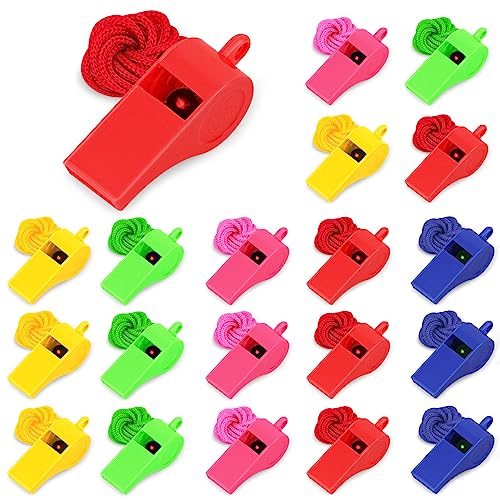 Vicloon Sifflets de Sport en Plastique, 20pcs Sifflet de Sport avec Cordon, Sifflets en Plastique Colorés Sifflet Puissant Idéal pour Les Entraîneurs, Les Arbitres et Les Officiels