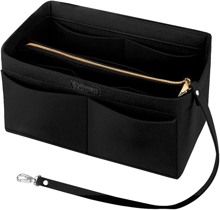 Felt Handbag Organizer, Women Purse Insert Organizer with Detachable Zipper Bag and Key Chains, Black/M