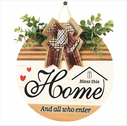 Welcome sign, door flower wreath, welcome home decoration, front door flower wreath, floral circular wooden wall decoration, front door porch decoration gift, suitable for Christmas decoration in all seasons of spring, summer, autumn, and holidays