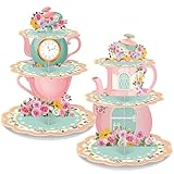 Zopeal 2 Pcs 3 Tier Floral Tea Party Cupcake Stand Decorations Spring Vintage Teapot Cupcake Holder Talking Party Dessert Tower for Flower Tea Party Baby Shower Princess Birthday Wedding Supplies