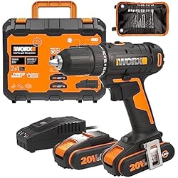 Atornillador A Bateria Dewalt 20V WORX 18V(20V MAX) Taladro Atornillador sin Cable WX108.2, Powershare, Destornillador Eléctrico Máx. 45 Nm, con 2 Baterías de 2,0 Ah y 30 Brocas, 2 Velocidades, Led, Portabrocas de 13 mm sin Llave
