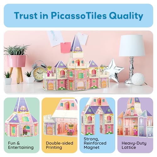 PicassoTiles 60pc Magnetic Tile Princess Castle Building Set with Double Sided Printed Tiles 2 Character Figures STEM Educational Toy Kit for Kids Pretend Play Montessori Learning Ages 3 to 8 PTQ04 by PicassoTiles - Image 8