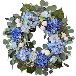 WANNA CUL 24 Inch Spring Blue Hydrangea Wreaths for Front DoorSpring Door Wreath with Blue White Rose and Peony Flower for Wedding or IndoorOutdoor Wreath Decoration