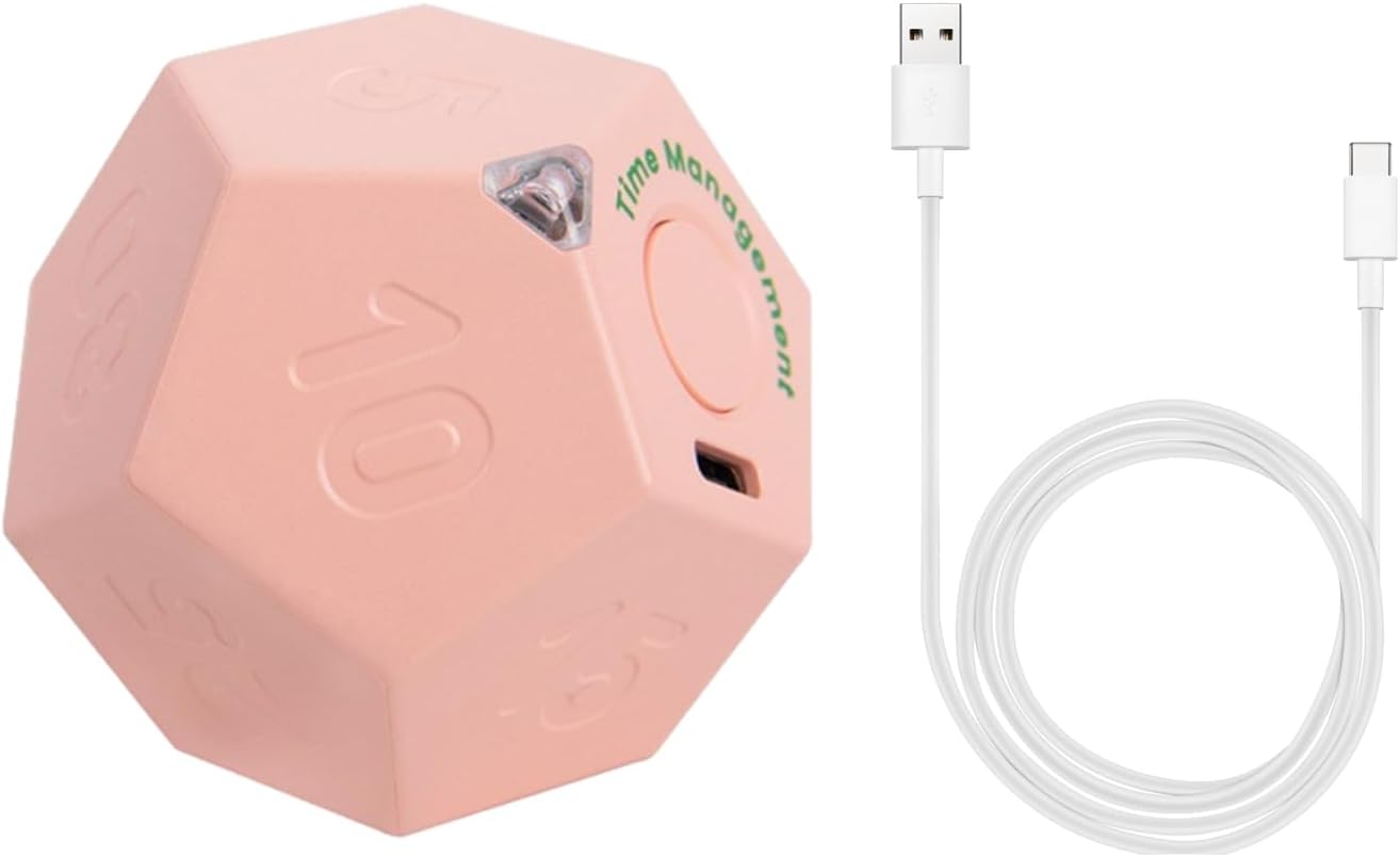 Qinlenyan Portable Countdown Clock Quiet Classroom Timer Multi Cube 1/3/5/10/15/20/25/30/45/60/90 Minutes Setting Rotating Vibration Reminder Modes Study Cook Pink