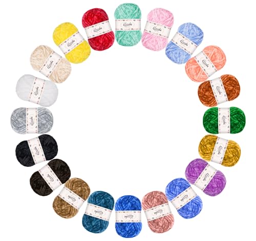 ilauke Chenille Wolle zum Häkeln 20 x 30g (20 x 42m) - Samt Chenille Garn zum Stricken und Häkeln Mit Nadeln, Häkelzubehör und Handtasche - Babywolle zum Stricken Weich für Amigurumi, Schal, Decken