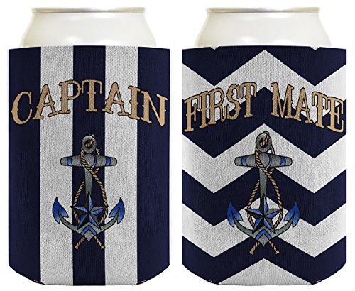 Boating Gift Captain and First Mate 2 Pack Nautical Striped Anchor Can Coolies