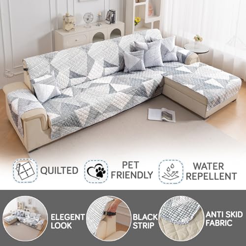 Image of HOKIPO 'Elira Series' Printed Quilted One-Piece L Shape 4 Seater (2+2) Sofa Cover with Right Chaise | Anti-Slip Design, Snow White Black Geometry (AR-6228-C9)