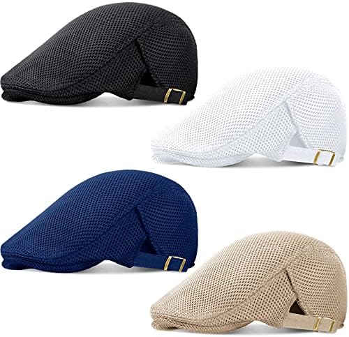 Geyoga 2 Pieces Men's Mesh Flat Cap Breathable Summer Newsboy Hat Cabbie Flat Cap (Black, Beige, White, Navy Blue, 4)