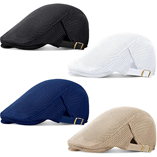 Geyoga 2 Pieces Men's Mesh Flat Cap Breathable Summer Newsboy Hat Cabbie Flat Cap (Black, Beige, White, Navy Blue, 4) #TOP14