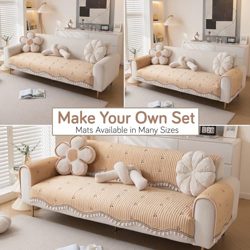 Image of HOKIPO Premium Dutch Velvet Sofa Cover Mat with Frill for 1 /2 /3 Seater and L Shape Sofa. Make Your Own Sofa Cover Set, Mat Length 90(D) x 110(L) cm, Caramel Beige (AR-5735-BGE)