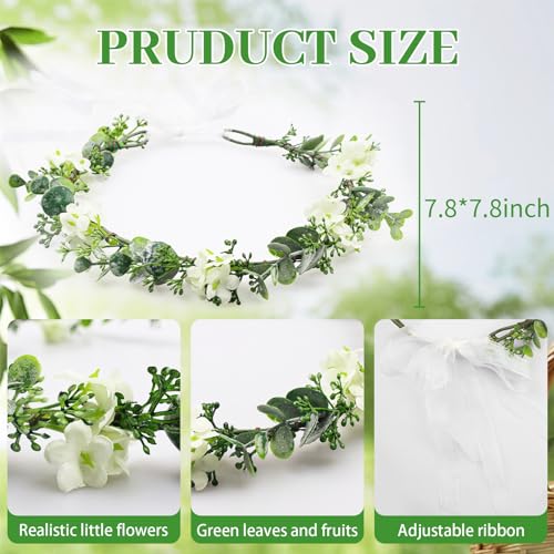 MEMOVAN Bridal Green Leaf Crown Flower Crown Renaissance Fair Adjustable Boho Floral Crowns Eucalyptus Headband Hair Wreath Bohemian Headpiece for Wedding Birthday Vacation Party Festival Photo Prop - Thumbnail 2