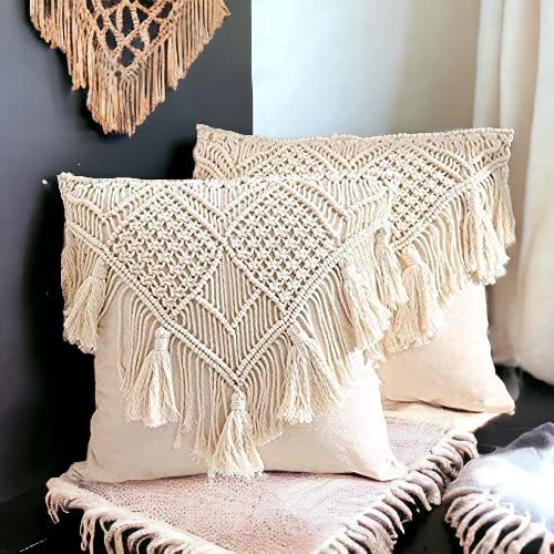 R.R.LALA Macrame Handmade Cotton Cushion Cover Set of 2 Piece 16x16 Inches Natural White