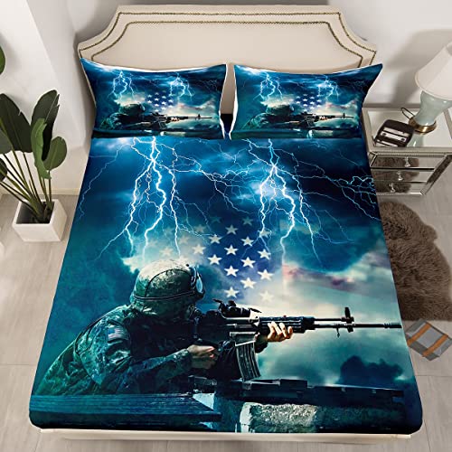 Camo Soldier Fitted Sheet Full for Boys Teen Military Camouflage Vintage American Flag Bedding Sets Blue Lightning Retro USA National Flag Fitted Bed Sheets, Not Include Flat/Top Sheet