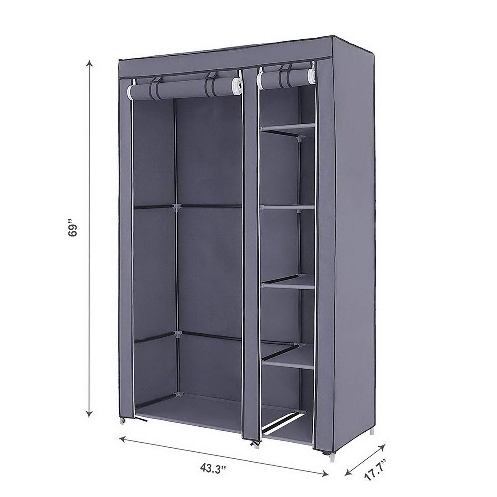 Armadio portatile da 170,2 cm, organizer per indumenti in tessuto non tessuto resistente, facile da montare, elegante appendiabiti grigio per vestiti, scarpe e accessori. Soluzione di archiviazione