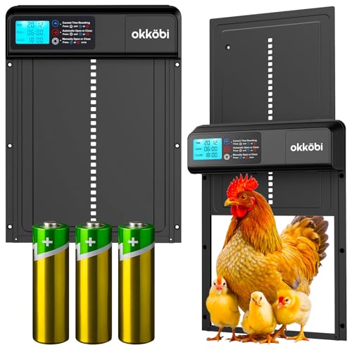 Okköbi Automatisch Kippenhok Deur – Coop Door Lite – Werkt op Batterijen (3x AA Inbegrepen) – Timer- & Handmatige Modus – LCD-Scherm – Anti-Klem Beveiliging – Opening 28 x 24 cm