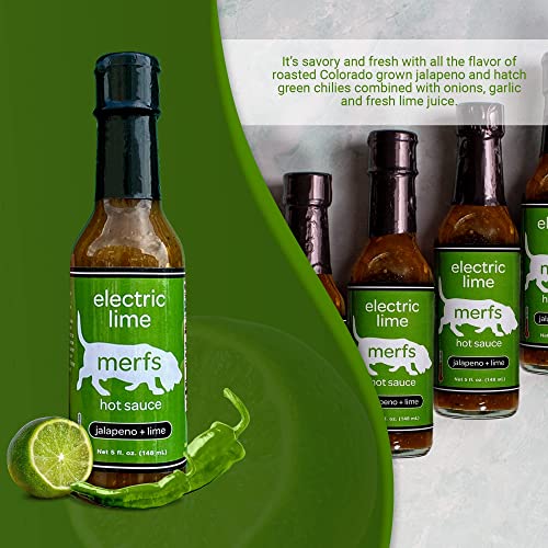 Merfs Condiments Electric Lime Green Jalapeno Hot Sauce With Jalapeno Peppers , Green Chiles And Lime (Medium). All Natural, Vegan, Sugar Free, Gluten Free, Paleo, Low Carb & Keto Friendly. For Breakfast Burritos, Eggs, & Snacks. 5 Fl Oz (Pack Of 12) #TOP6