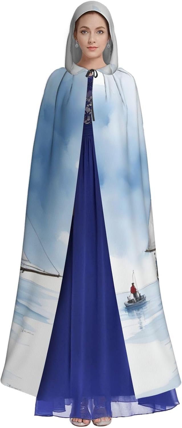 Blue Sailboat 1 print Hooded Robe Cloak Long Cape Cosplay Costume Halloween Witch Cosplay Robe for Men Women