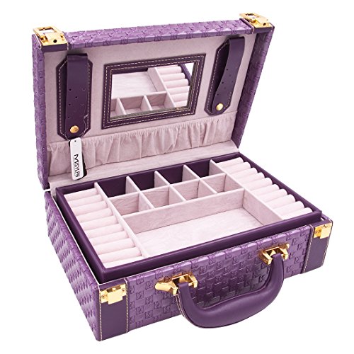 MISYLPH Multifunctional Two-Layer Woven Leather Jewelry Box Organizer with Handle (Purple)