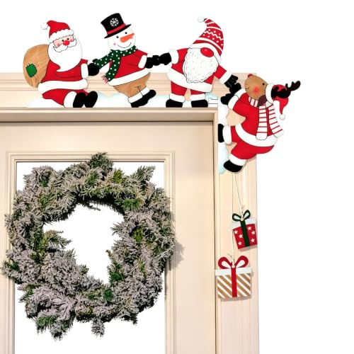 KIMHOME Marco de puerta de Navidad (lado derecho, Papá Noel y reno) | Figuras de muñeco de nieve y gnomo, adornos de regalo colgantes, decoración de esquina de puerta, diseño festivo festivo