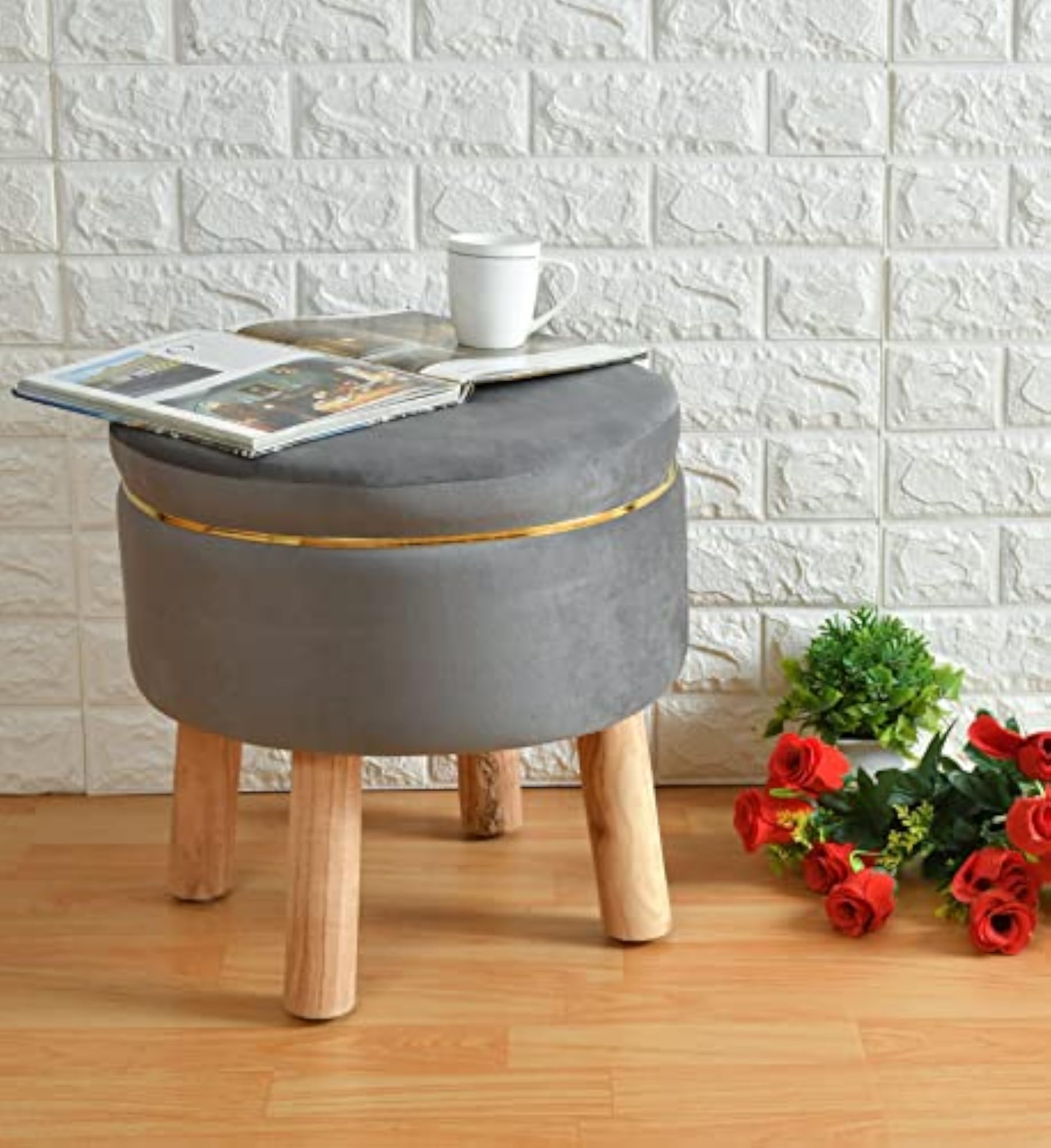 Velvet Small Ottoman Foot Rest with Solid Wood Legs