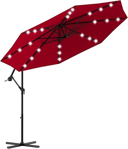 Miniatura 10 de Tangkula Sombrilla solar de 10 pies para patio al aire libre con luz LED, sombrilla de mercado con cubierta colgante y base cruzada (beige)