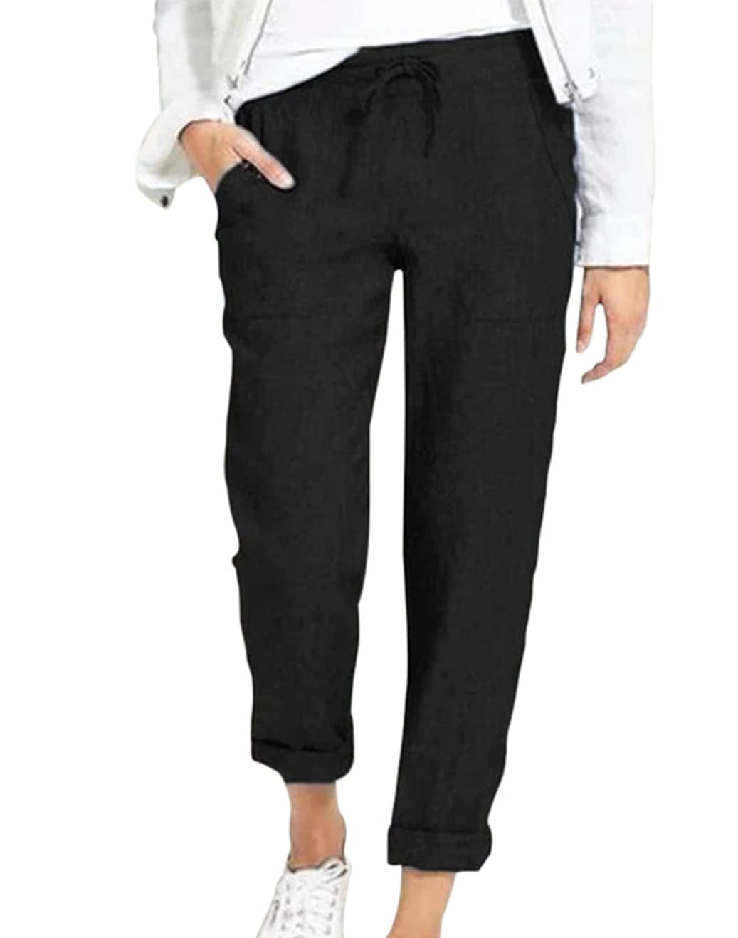 Womens Casual Pants Drawstring Elastic High Waist Tapered Trousers