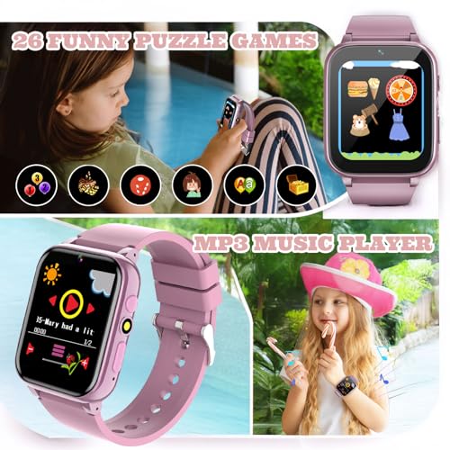 1.69'' Kids Smart Watch,Boys Girls Smartwatch, Pedomter 26 Puzzle Games Camera Video Music Player Flashlight Alarm Clock,4-12 Years Children Birthday (Pink)3