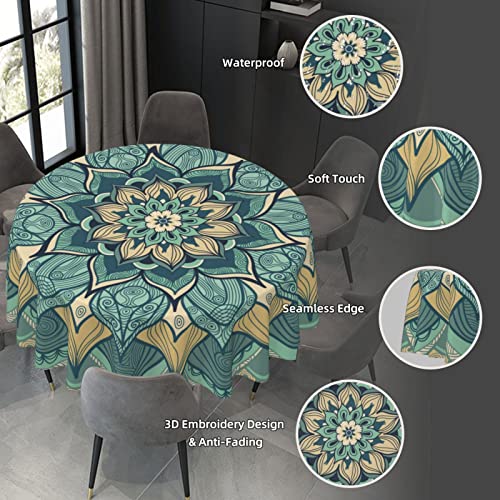 Yetta Yang Mandala Sage Green Waterproof Picnic Patio Party Round Table Cloth Cover Decorations Fabric 60 Inch Circular Tablecloth For 20-47 Inch Home Dining Room Kitchen Decor #TOP4