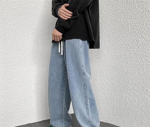 Men’S Oversized Denim Pants Relaxed Straight Leg Jeans Low Waist Loose Fit Casual Drawstring Wide Leg with Button3
