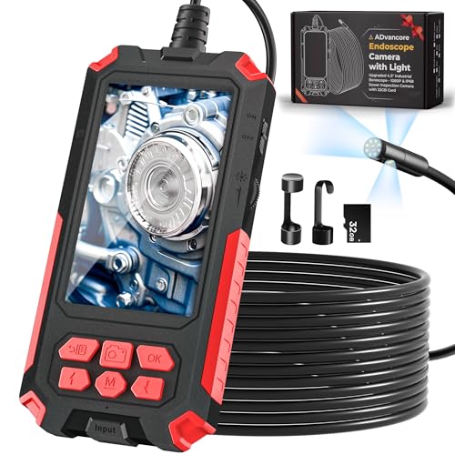 Gifts for Men, Triple Lens Endoscope Camera with Light, 1080P Industrial Borescope with 32GB Card - IP68 & 4.5" Sewer Inspection Camera with 16.5FT Semi-Rigid Cable, Cool Tools for Men