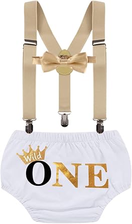 Wild ONE Cake Smash Costume Boys 1st Birthday Outfits Bloomers Suspenders Bow Tie Photoshoot 3PCS Clothing Set
