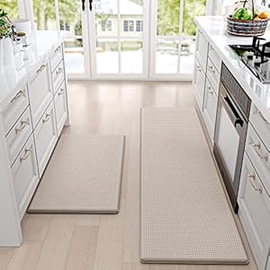 DEXI Kitchen Rugs and Mats Cushioned Anti Fatigue Comfort Mat Non Slip Standing Rug 2 Pieces Set 17″x29″+17″x59″,Beige White