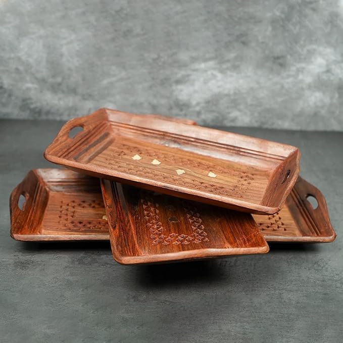 Image of Wooden Breakfast Trays Made of Natural Wood in a Modern Style with Cutout Handles for Food in Large, Medium, and Small Brown (Set of 3)