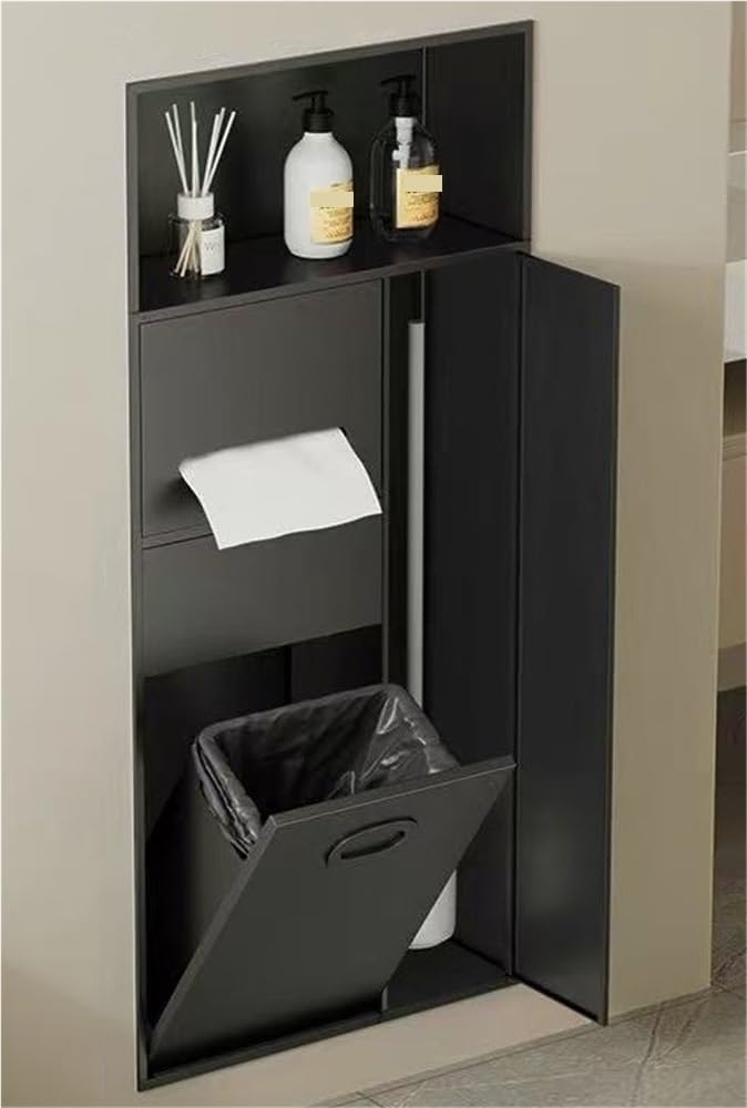 Stainless Steel Shower Cabinet, Recessed Wall Niche, Toilet Paper Holder with Trash Can, Suitable for Restaurants, Bathrooms and Hotels(Black)