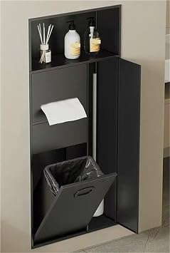Stainless Steel Shower Cabinet, Recessed Wall Niche, Toilet Paper Holder with Trash Can, Suitable for Restaurants, Bathrooms and HotelsBlack