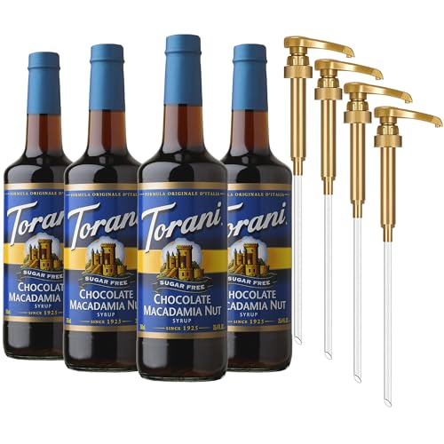 Torani Sugar Free Coffee Syrup, Chocolate Macadamia Nut Flavored Syrup for Drinks, Zero Calorie, Glass Bottle 4-Pack, Pumps Included, 25.4 Fl Oz