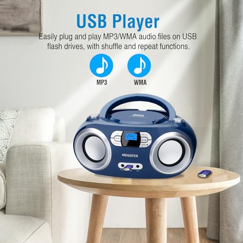 MEGATEK Portable CD Player Boombox with FM Radio, Bluetooth, USB Port, AUX Input, and Headphone Jack – CD-R/CD-RW/MP3-CD Compatible, Clear Stereo Sound, Backlit LCD Display – Blue Jay by MEGATEK - Image 8
