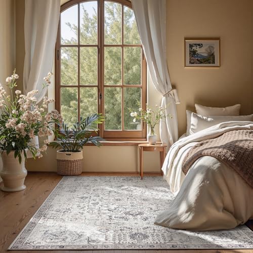 JINCHAN Area Rug 6x9 Living Room Rug Indoor Washable Vintage Gray Retro Accent Rug Distressed Carpet Grey Multi Floral Print Country Boho Rug Non Slip Kitchen Bedroom Dining Room Office by jinchan - Image 2