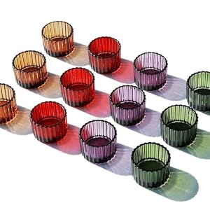 VOHO 4 Colors Tealight Candle Holder Fall Decor Set of 12 Votive Candle Holders for Table Centerpiece Ribbed Tea Light Candle Holder Glass for HalloweenThanksgivingChristmas DecorationsGifts