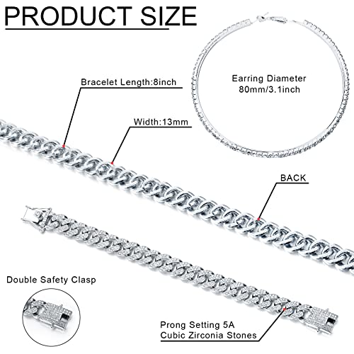 image for Batiyeer 3 Pcs Cuban Link Chain Necklace Bracelet Rhinestone Hoop Earr