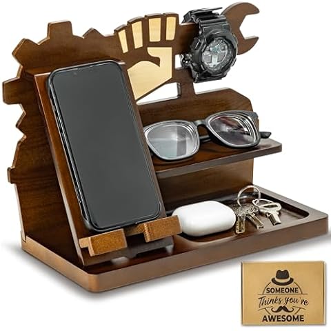 B1ykin Wooden Nightstand Organizer - Wood Phone Docking Station Wallet Watch Stand Key Holder, Bedside Charging Station Organizer Men Gift Anniversary Birthday for Husband Dad Grandpa Bedroom Cover