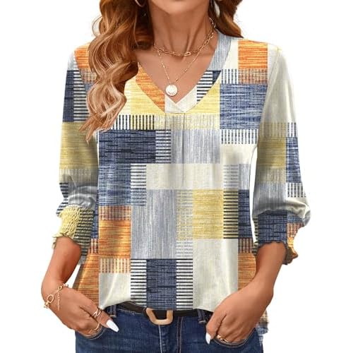 AKEWEI 3/4 Length Sleeve Womens Tops Summer Fashion V Neck Business Casual Blouses Smocked Shirts