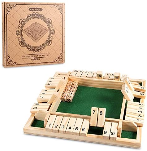 AMEROUS 12 Inches Shut The Box Family Game ( 1-4 Players ), 4 Sided Large Wooden Number Dice Board Game with 12 Dices and Shut The Box Rules for Kids, Adults