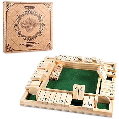 AMEROUS 12 Inches Shut The Box Family Game (1-4 Players), 4 Sided Large Wooden Number Dice Board Game with 12 Dices and Shut The Box Rules for Kids, Adults Cover