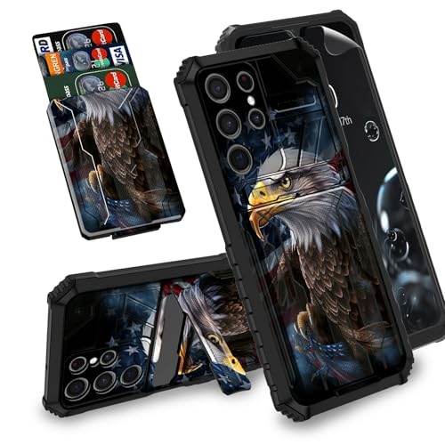 BREIDMKFM for Samsung Galaxy S24 Ultra Case with Screen Protector & Kickstand & Card Holder Detachable Dual Layer Hybrid Shockproof Case for Samsung Galaxy S24 Ultra,Eagle Flag Black