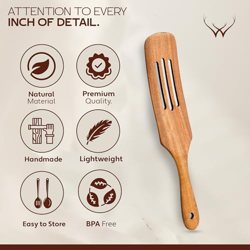Image of 7Pcs Wooden Spurtle Set - Teak Kitchen Utensils for Mixing, Stirring, Sourdough & Scraping - Nonstick Safe Spatula Set with Long Handle for Cast Iron, Oatmeal & Baking - Wooden Spoons for cooking