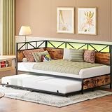 LIKIMIO Daybed with Trundle, Metal Twin Size Bed Frame with Charging Station and LED Lights, Sofa Day Bed with Strong Supports for Living Room, Bedroom and Guest Room