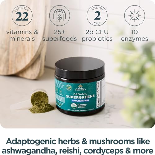 Ancient Nutrition Organic SuperGreens Powder with Probiotics, Organic Multivitamin Greens, Made from Real Fruits, Vegetables and Herbs, Digestive and Energy Support, 12 Servings, 3.6oz - Image 3