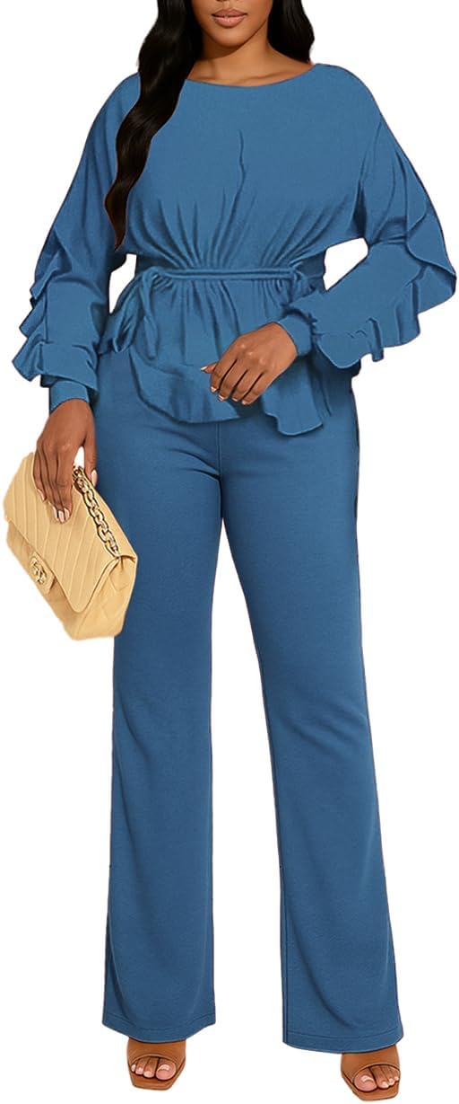 HWP Women 2 Piece Outfits Sets Ruffle Long Sleeve Peplum Top Flared Pants Business Pantsuits Casual Vacation Club Outfits